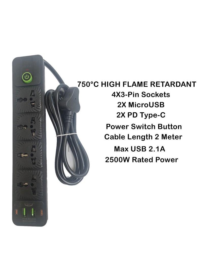 Lucky Hawk شريط تمديد الطاقة مع USB C و Micro USB، 4 منافذ 3 دبابيس، 2 منفذ PD Type-C و 2 منفذ Micro USB، 2500 واط، شريط طاقة مقاوم للاشتعال حتى 750 درجة مئوية مع مفتاح، سلك تمديد بطول 2 متر، محطة شحن مثبتة على الحائط باللون الأسود - Image 2